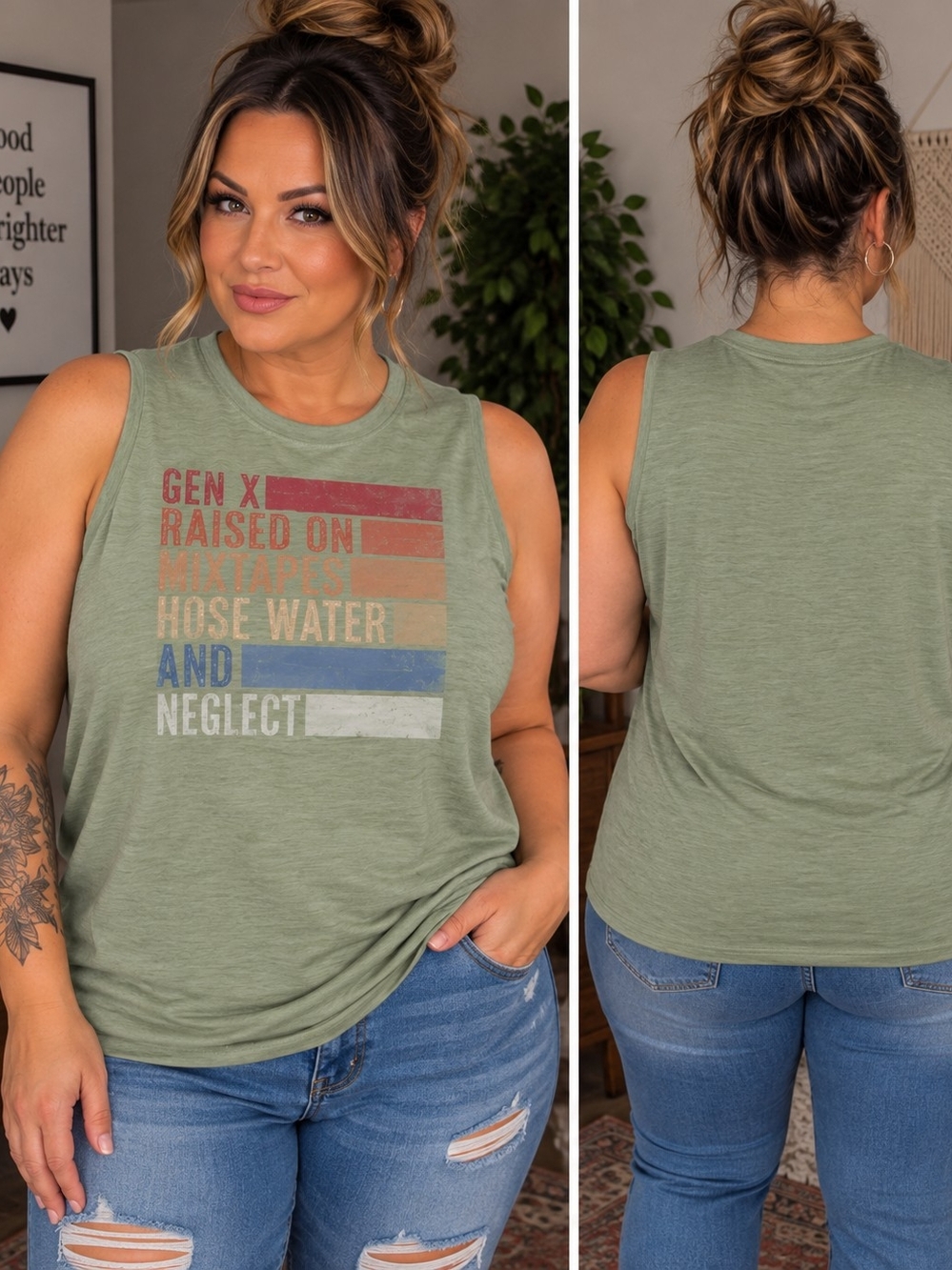 Sleeveless Graphic Tank Top  - Olive Gen X Mix Tapes Hose Water 14/16 New